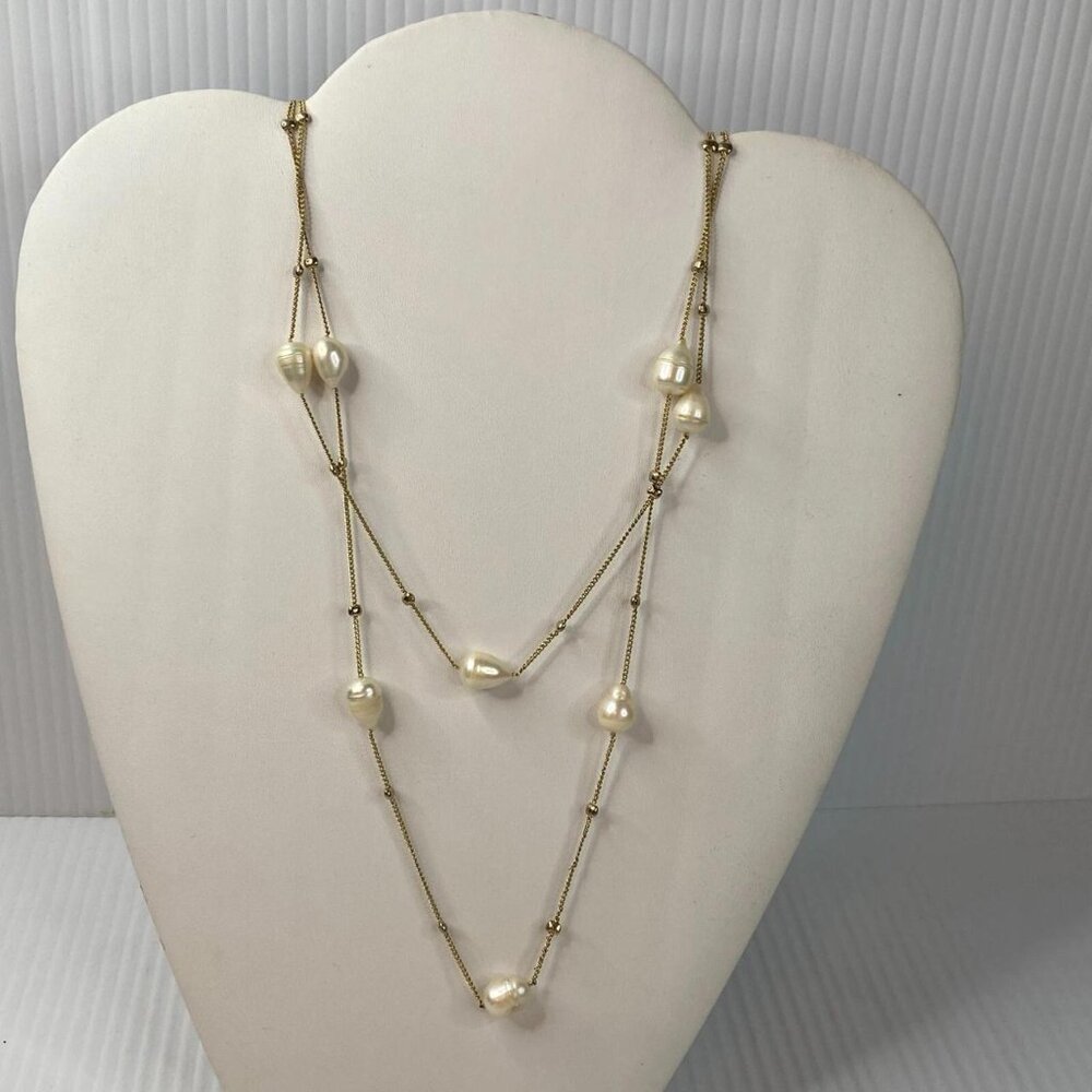 Simulated Pearl Gold Coloring Necklace Long 25" No Clasp